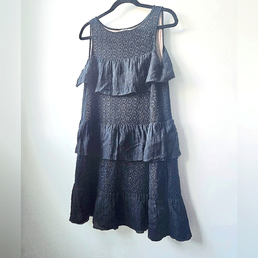 Moschino Cheap & Chic Navy Tiered Ruffle Embroidered Sleeveless  Mini Dress